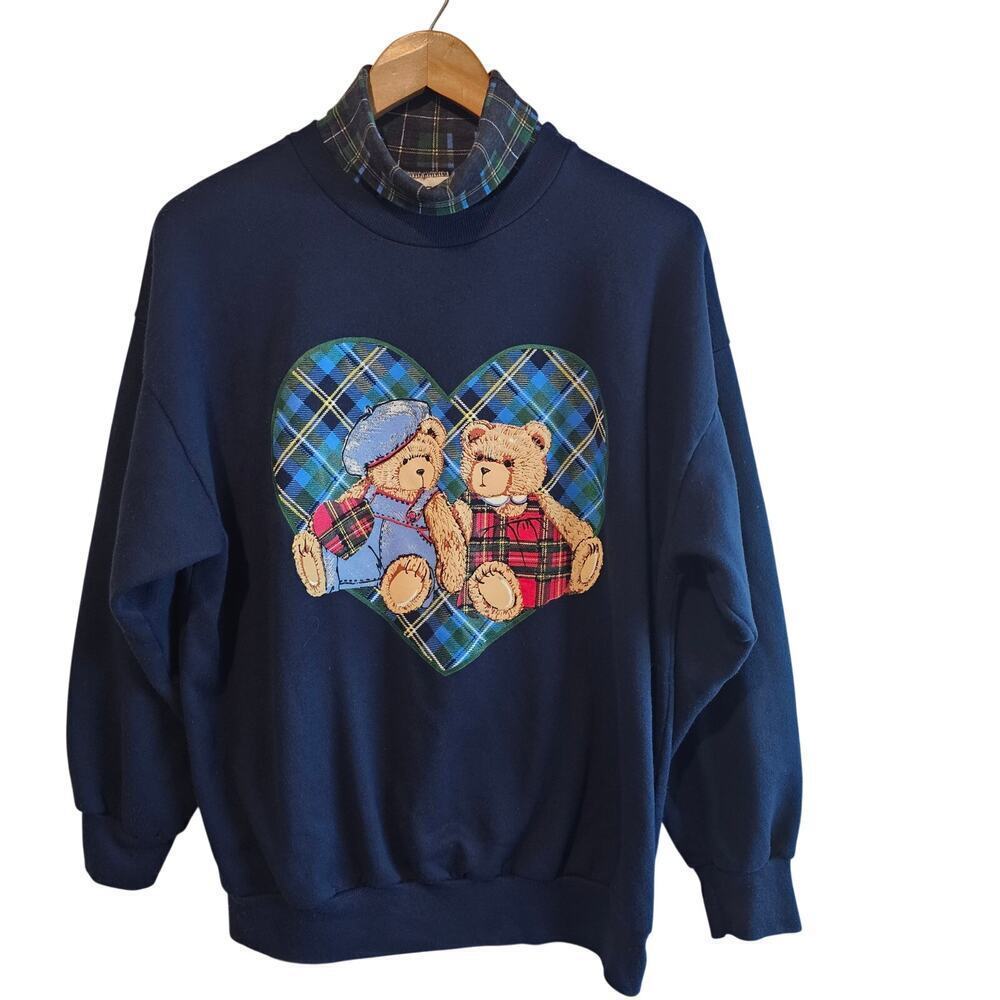 Vintage Bear Sweater Women Size Lg Blue 90s Plaid Bears Patchwork Cottage Preppy